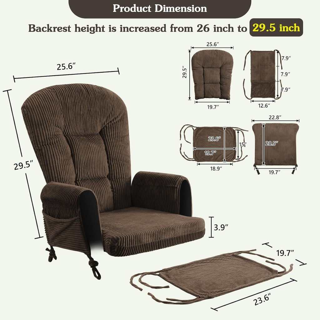 ANMINY 5pcs Glider Rocker Replacement Cushions Set - Thickened Fleece Glider Rocking Chair Cushions with 29.5 inch High Backrest & Side Pockets for Indoor Nursery, Washable & Non Slip, Brown