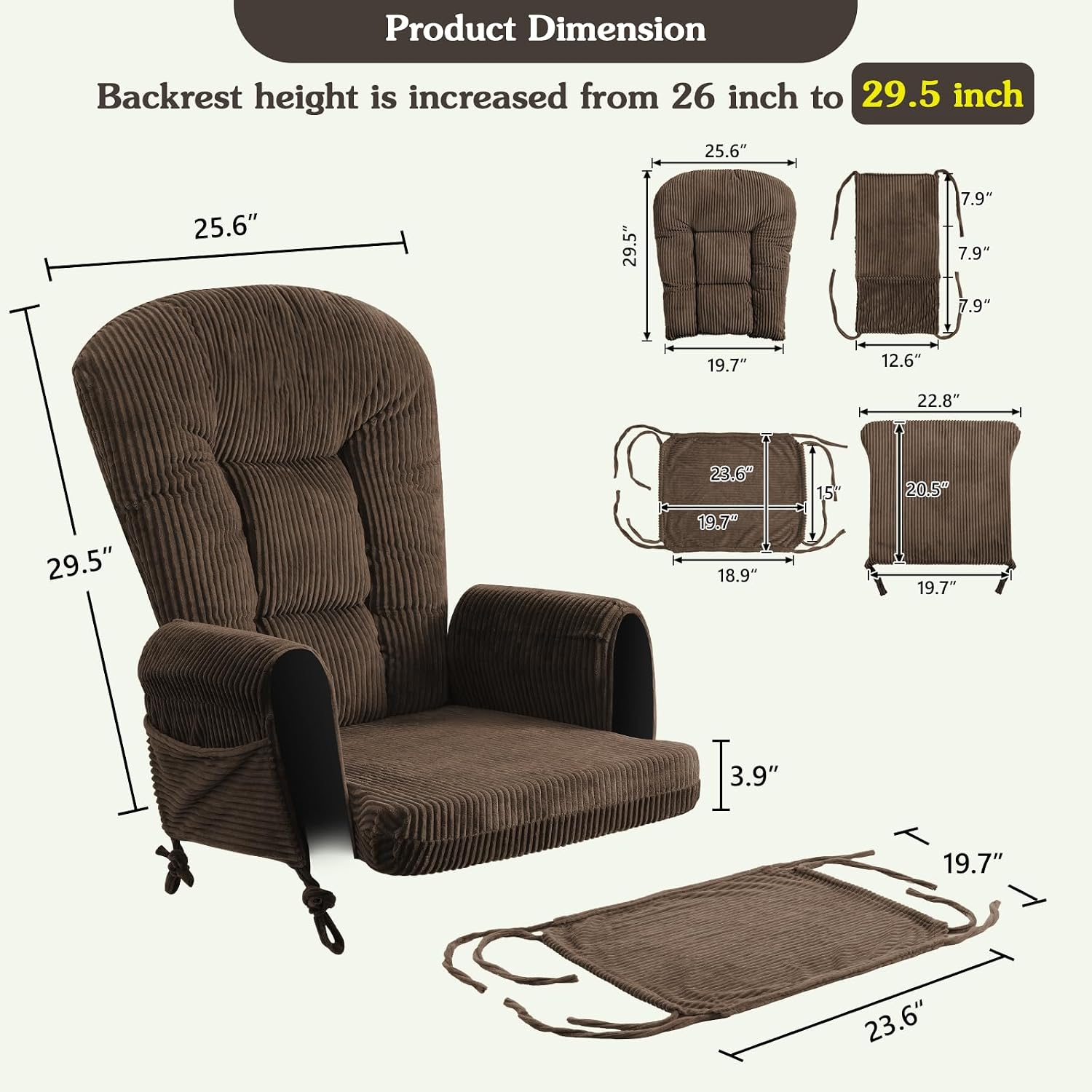 ANMINY 5pcs Glider Rocker Replacement Cushions Set - Thickened Fleece Glider Rocking Chair Cushions with 29.5 inch High Backrest & Side Pockets for Indoor Nursery, Washable & Non Slip, Brown