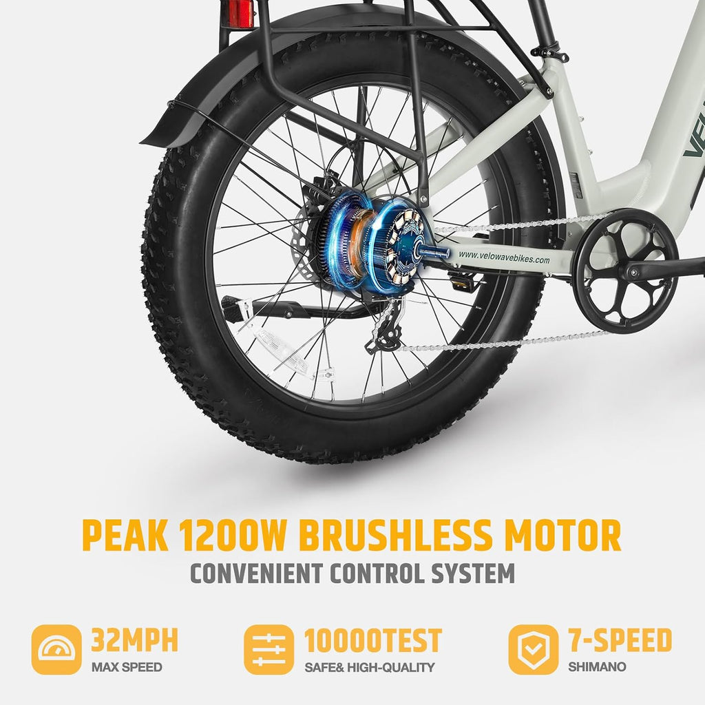 VELOWAVE Electric Bike 26' Fat Tire Ebike Peak 1200W Motor Electric Bike for Adults with 47.97V 14.4AH Removable LG Cell Battery Step-Thru E Bike up to 32MPH UL 2849 Certified with Lock& Bell