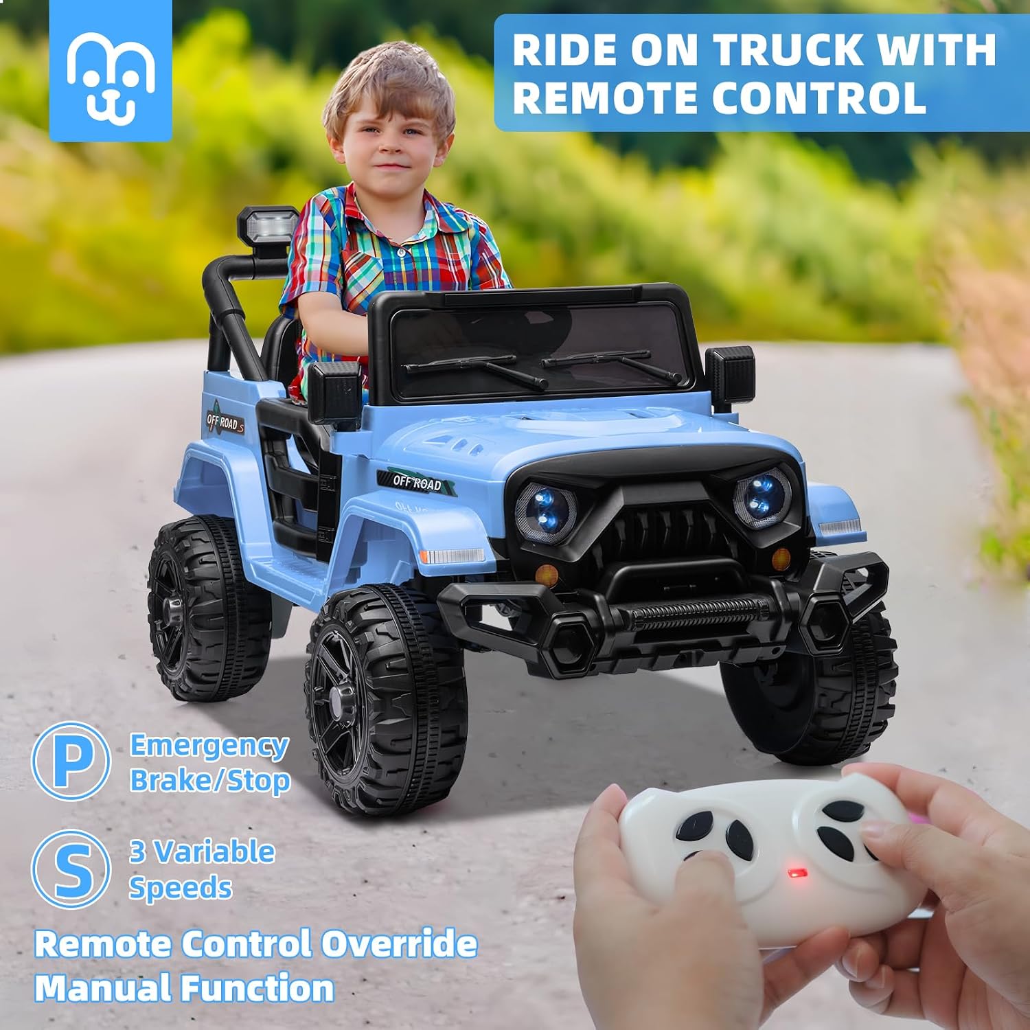 MINIATURE MOTORS 12V Kids Electric Ride on Truck Car Remote Control, Twin 35W Motors 3.5MPH Max Speed, Bluetooth Music Player, 4 Wheels Suspension LED Lights Safety Belt, Gift for Boys & Girls-Blue