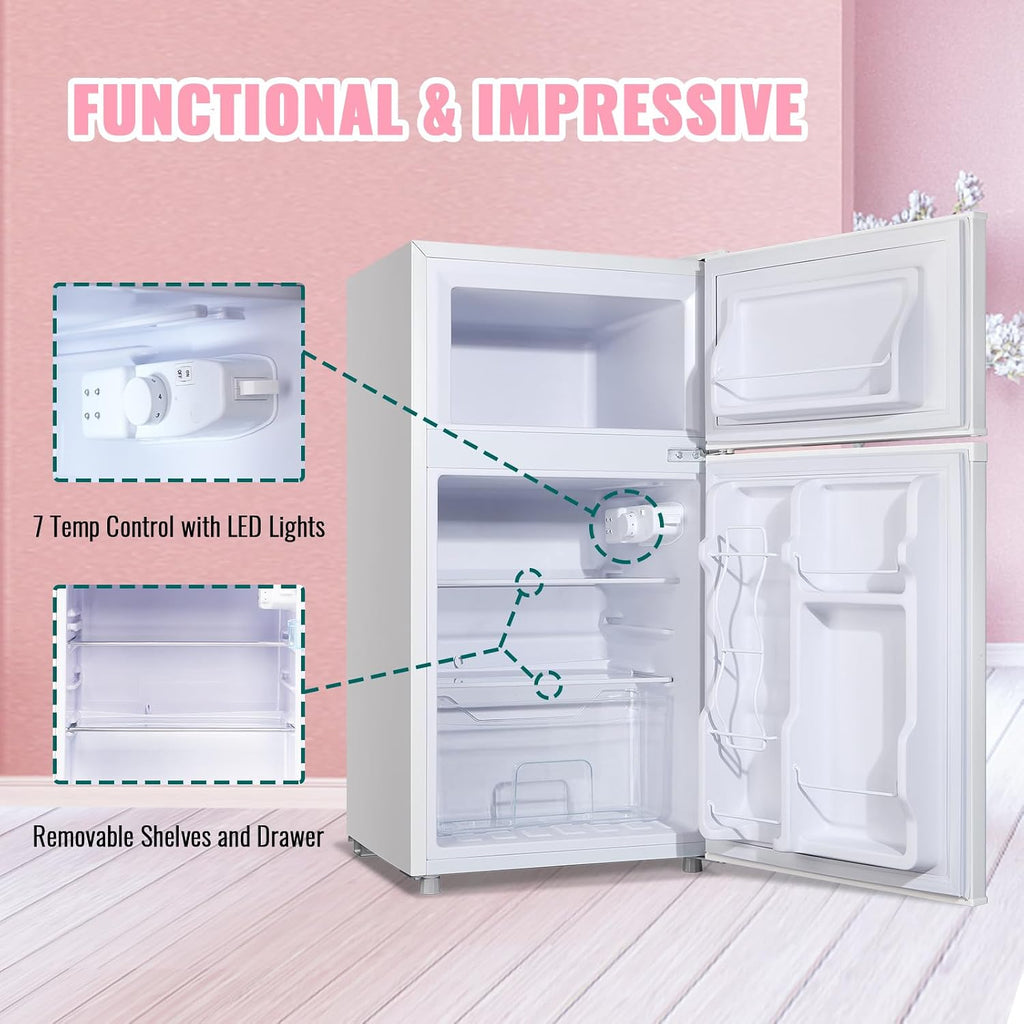 WANAI 3.5 Cu.ft Retro Mini Fridge with Freezer Small Refrigerators Dual Doors & Handles White Freestanding Classic Refrigerator Removable Glass Shelves Adjustable Thermostat for Home Office Dorm RV