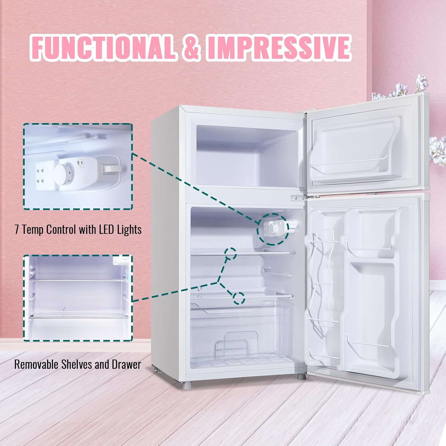 WANAI 3.5 Cu.ft Retro Mini Fridge with Freezer Small Refrigerators Dual Doors & Handles White Freestanding Classic Refrigerator Removable Glass Shelves Adjustable Thermostat for Home Office Dorm RV