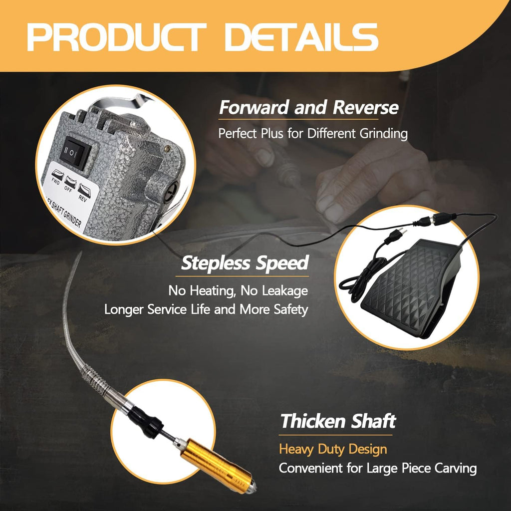 1000W 30000RPM Flex Shaft Rotary Tool, Thicken 1/4' Flexible Shaft with Stepless Speed Foot Pedal, Hanging Grinder Carver Electric Multi-function Metalworking Tools Repair Kit