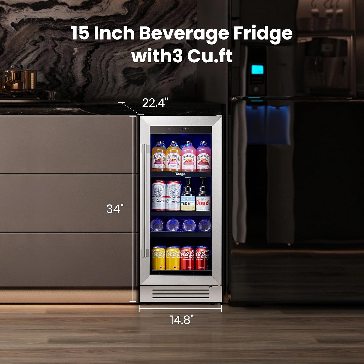 Yeego Beverage Refrigerator Cooler - 15 inch 100 Cans Mini Fridge with Glass Door, 34-54 ℉ Drink Cooler, Built-in or Freestanding for Wine Beer Soda Bar Office Home Dorm