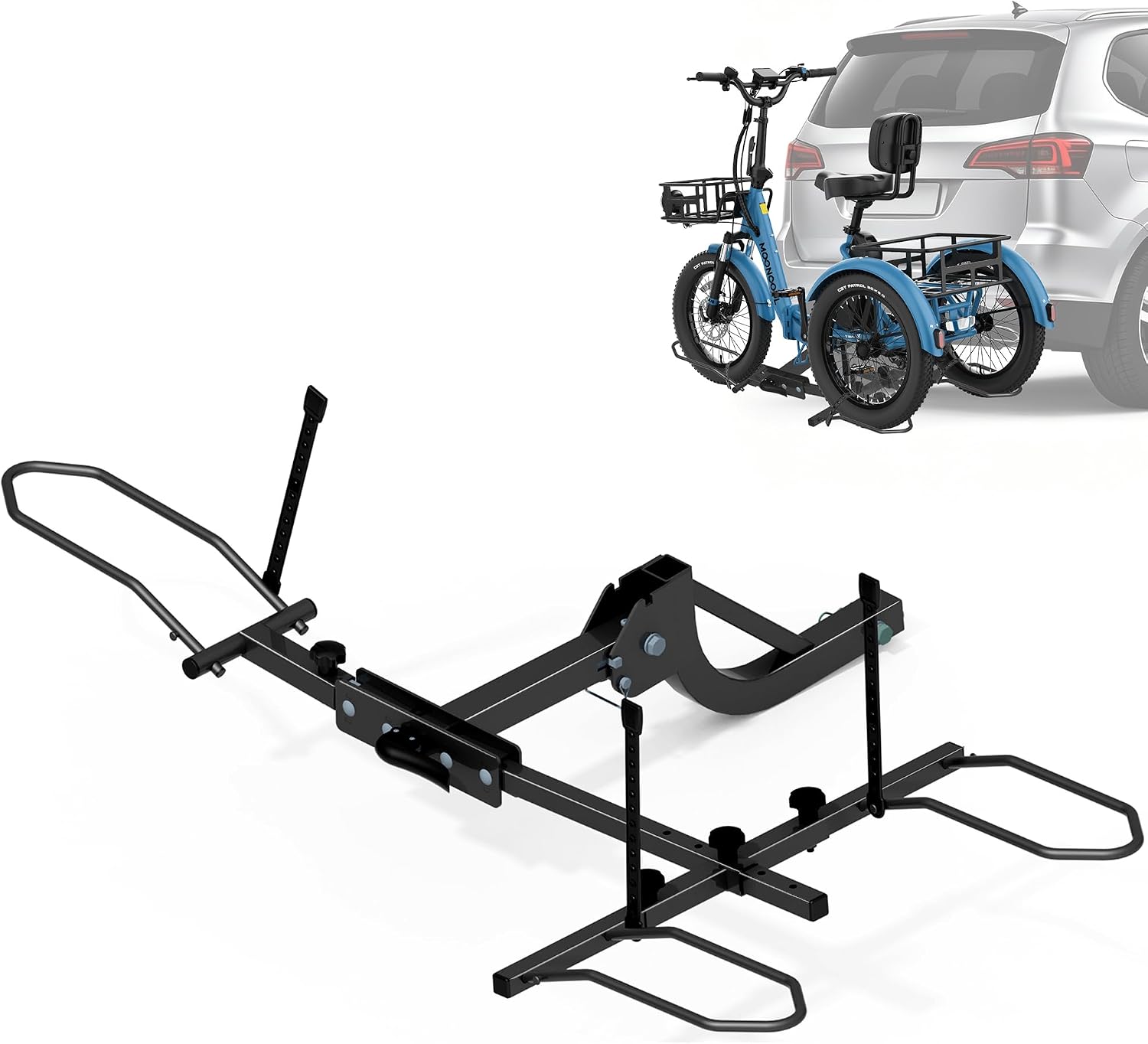 MOPHOTO Heavy-Duty Folding Trike Rack for Adult Tricycles, 170 lbs Hitch Mount Carrier, Fits 5' Fat Tires & 42.1'–59' Wheelbase, Rear Trike Rack with 2' Receiver for Cars, Trucks, SUVs, RVs