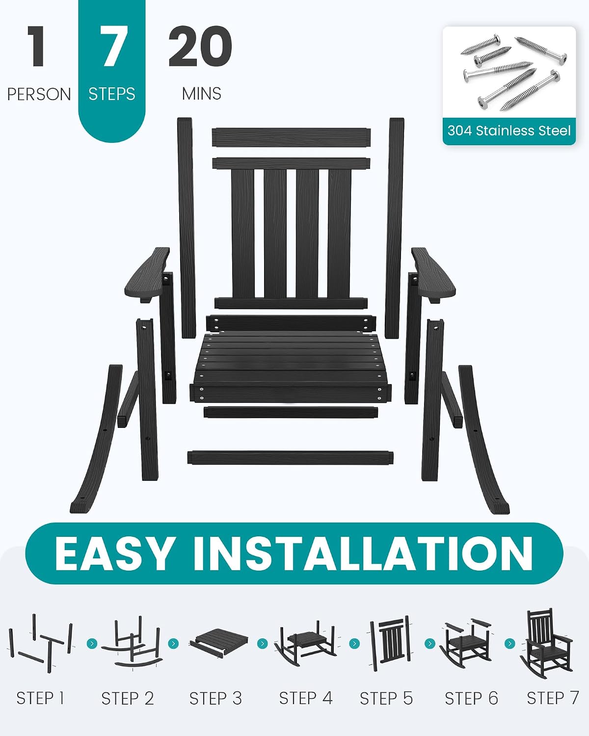 SERWALL HDPE Outdoor Rocking Chair Set of 6, Patio Rocking Chairs for Adults, All Weather Outdoor Rockers for Lawn, Black