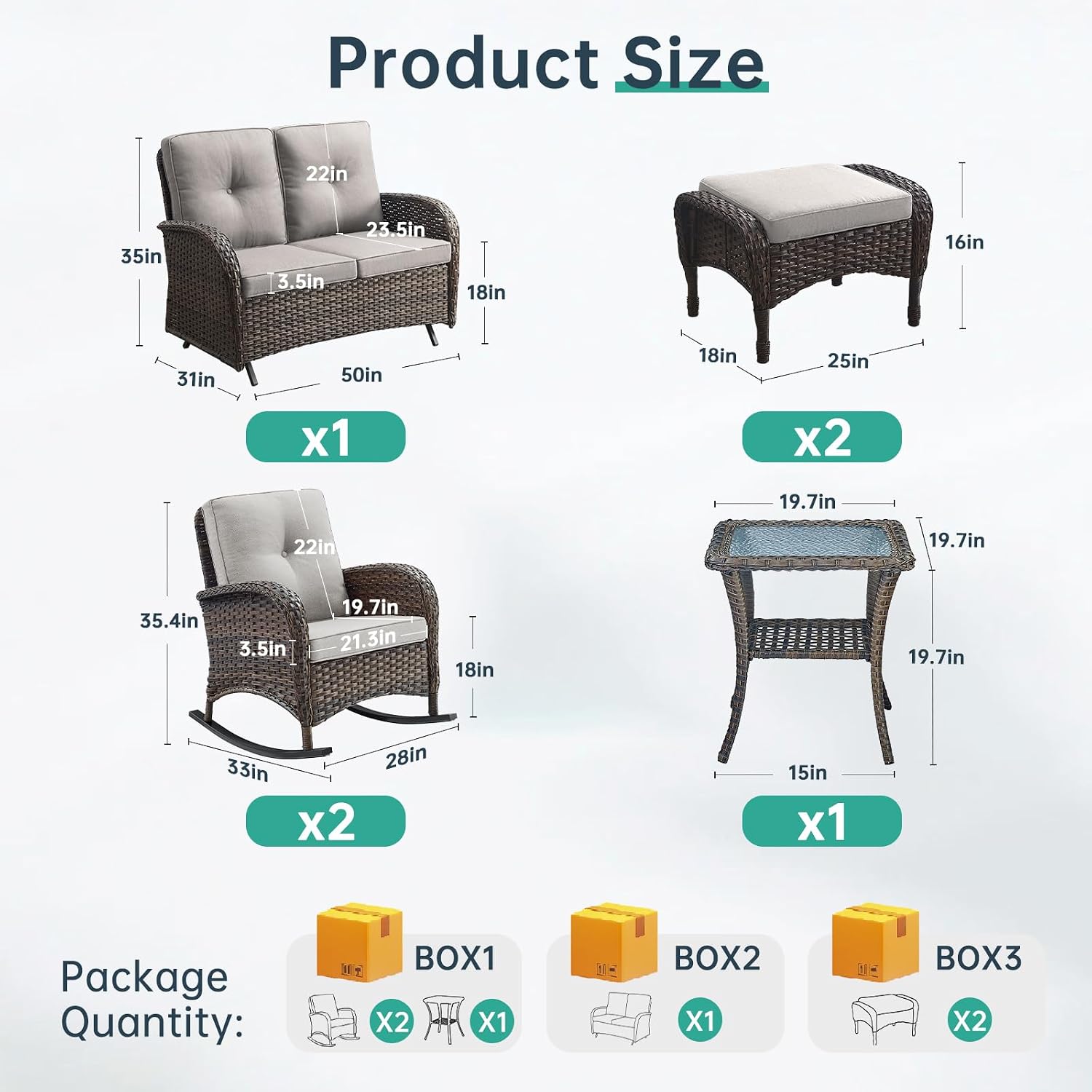 Patio Rocking Chair - 6 Peices Outdoor Wicker Rocker Porch Chair Set with A Rocking Loveseat, Tempered Glass Side Table, and 2 Ottoman, Rattan Seating for Balcony Garden Brown/Beige