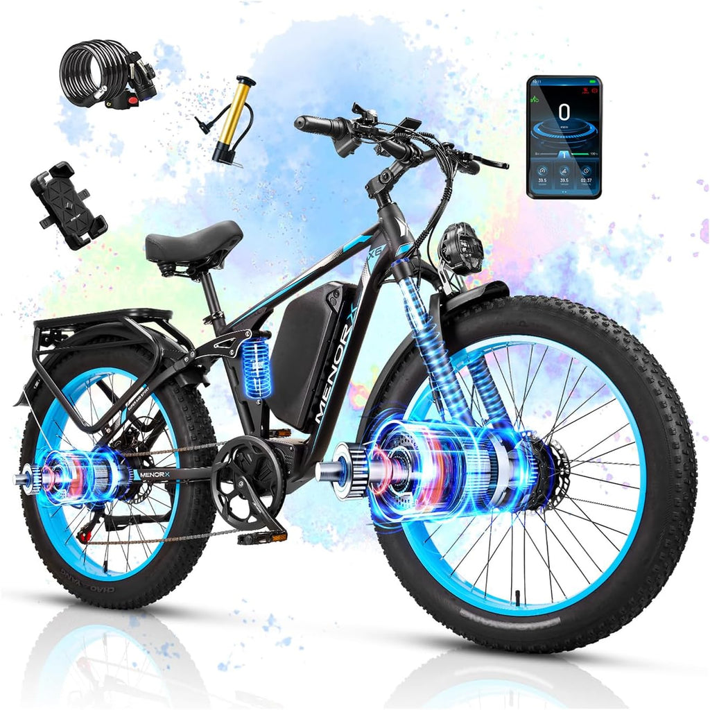 MENORX Dual Motor Electric Bike,26'x4'Fat Tire Electric Bike,Up to 5000W/7000W Peak, 60V/25Ah & 52V/23Ah Lithium Battery,Up to 45/50MPH &105 Miles Range E Bike