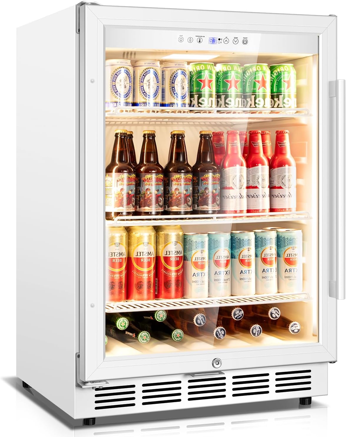 Velivi Beverage Refrigerator, 4.9 Cubic Feet Undercounter/Freestanding 24 Inch Beverage Fridge with Glass Door, LED Light, Safety Lock, Touch Control, Low Noise (White)