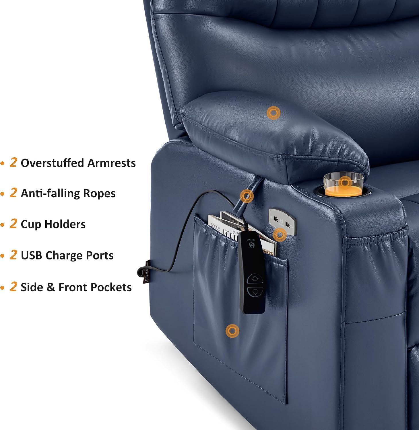 MCombo Oversized Swivel Glider Rocker Power Recliner Chair for Living Room with Heat and Vibration Massage, USB Ports, Cup Holders and Pockets, Faux Leather 7785 (Navy Blue)