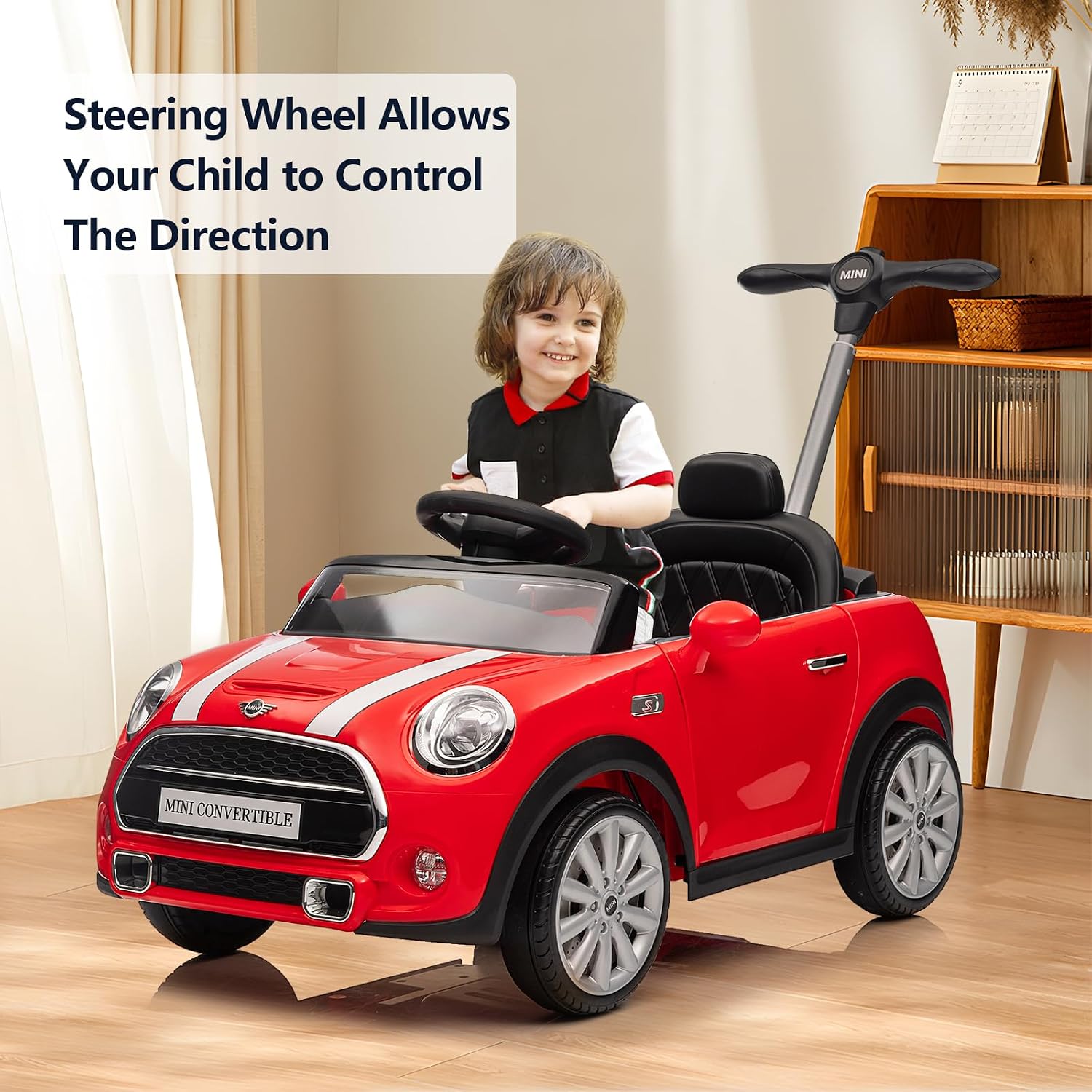 Voupou Kids Push Car, Ride On Car, Licensed MINI Cooper Toddler Push Car Toy with Adjustable Push Rod, Horn Music, Seat Belt,Silent Wheels - Ideal Stroller Substitute for Kids 1-3Years Old