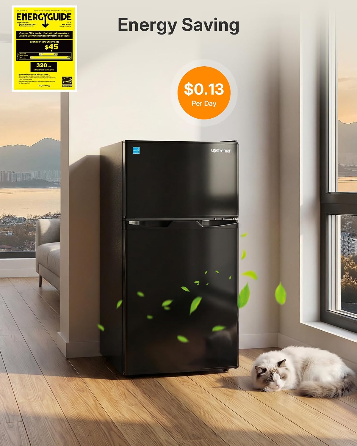 Upstreman 3.1 Cu.Ft Mini Fridge with Freezer, Double Door Small Refrigerator, Adjustable Thermostat, Energy Star Certified Low Noise Mini Refrigerator for Bedroom, Dorm, Apartment Black-TM31