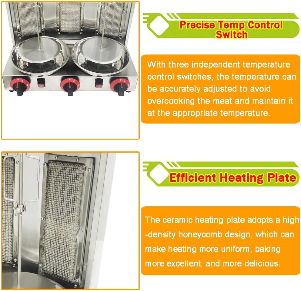 Shawarma Grill Machine LP Gas Turkish Barbecue Shawarma Rotisserie Countertop Rotating Doner Kebab Gyro Grill Oven Vertical Broiler with 3 Burners for Home Kitchen Restaurant Party