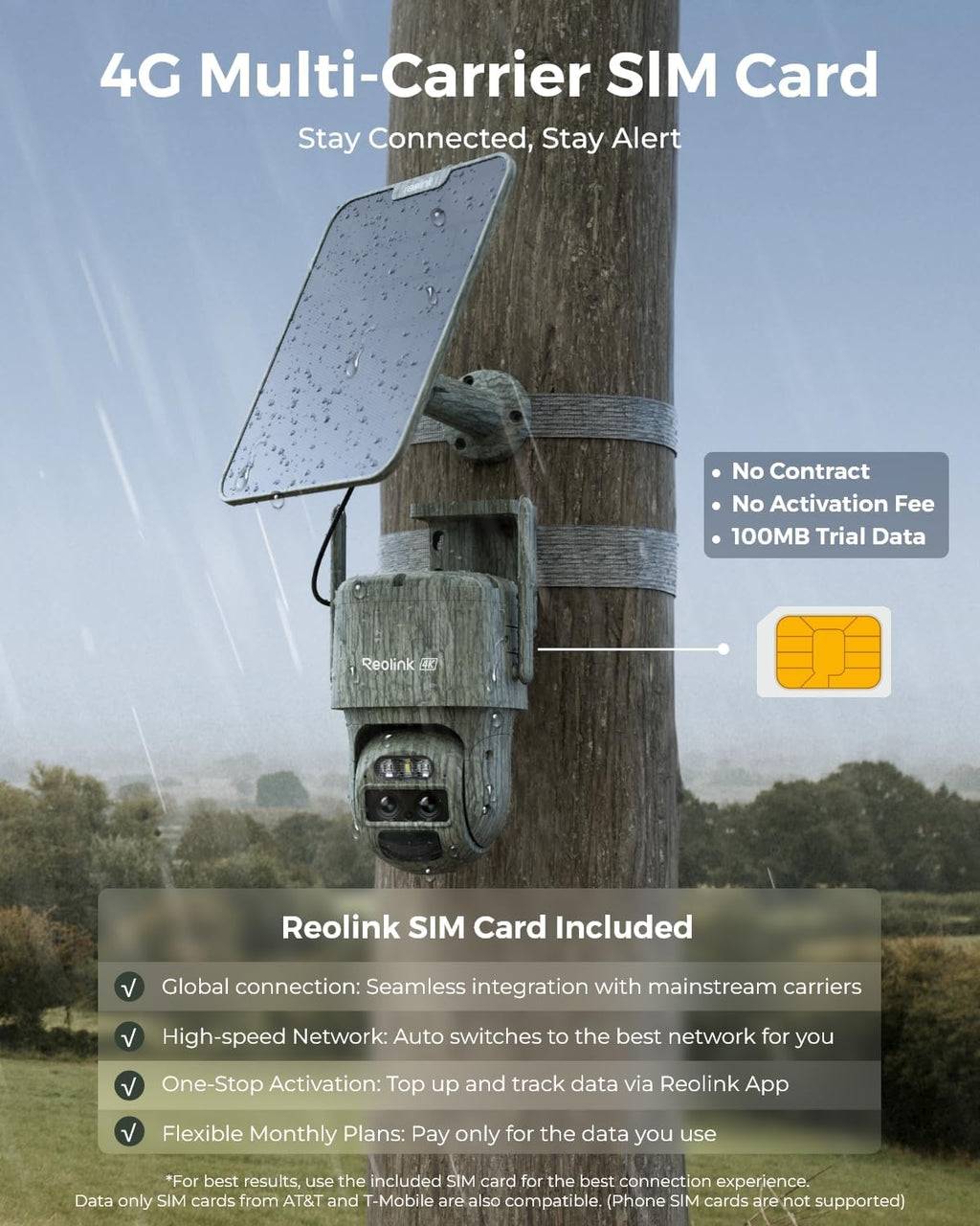 REOLINK 4K Dual Lens 4G LTE Cellular Security Camera, SIM Card Included, Wireless Auto Tracking Trail Camera, 6X Hybrid Zoom, No-Glow IR, Waterproof for Wildlife, TrackMix LTE Trail + Solar Panel 2
