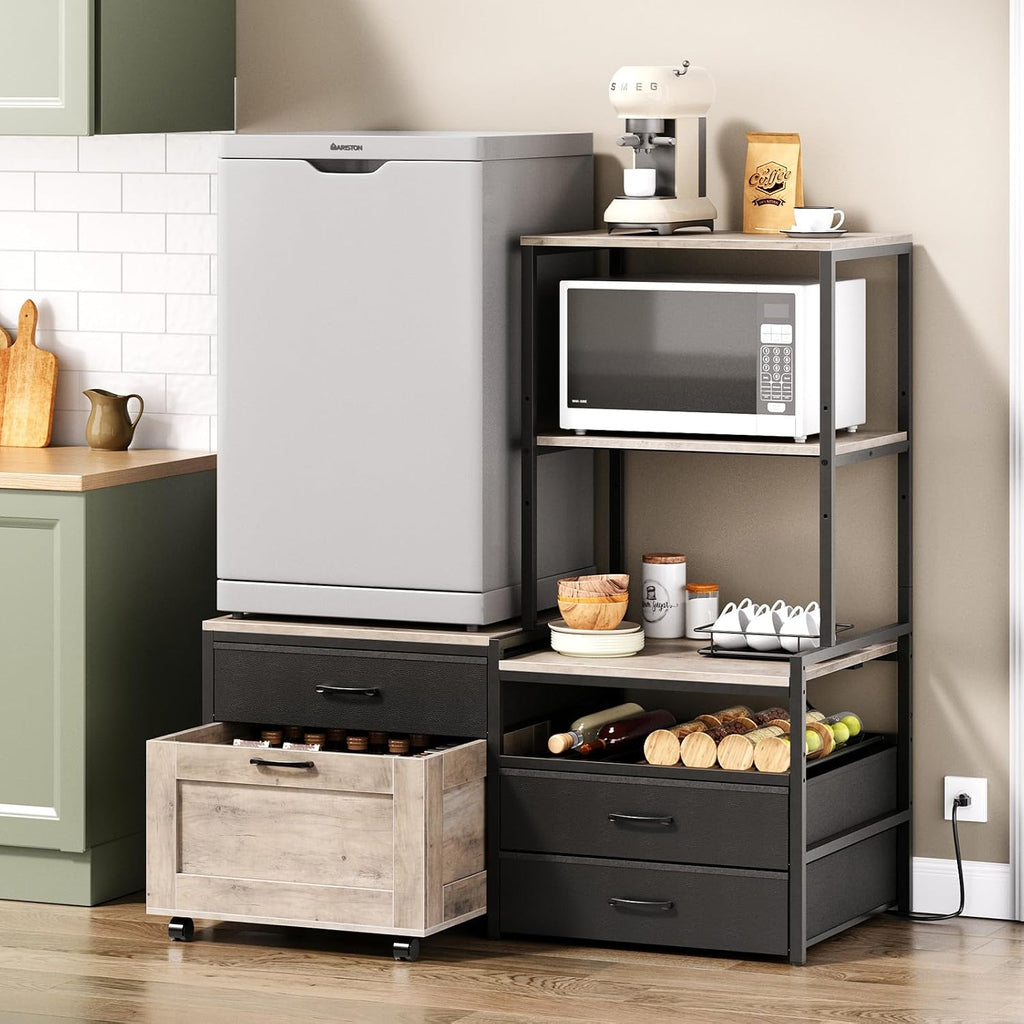 Herture Mini Fridge Stand with Wine Rack, Kitchen Bakers Rack with Power Outlet, Microwave Oven Stand, Coffee Bar, Movable Drawers, for Dorm,Office, Grey HB04BXZ