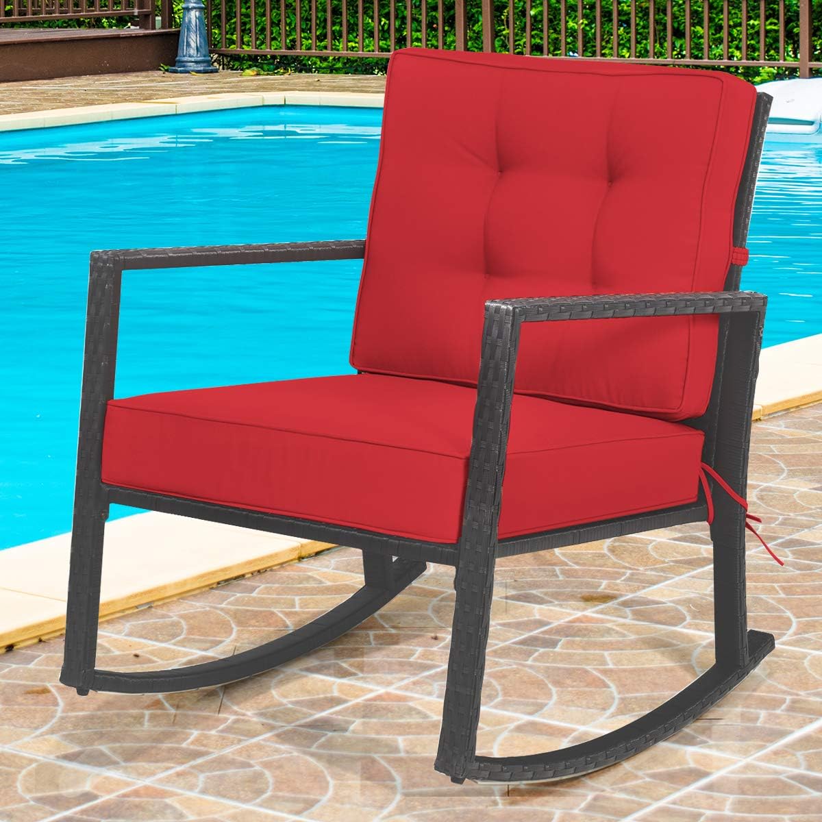 HAPPYGRILL Wicker Rocking Chair, Outdoor Patio Glider Chair with Heavy-Duty Frame, Thick Cushion, Rattan Rocking Chair for Backyard Garden Porch