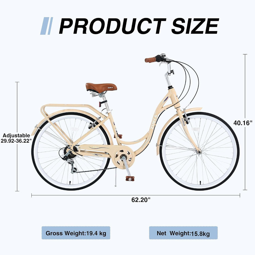 MEGHNA Beach Cruiser Bike Low Step - Through 24 inch/26 inch Bike Elegant Lady Bike V - Brake 7 Speed Cruiser Bike with Rear Rack Bell for Girls Women Senior, Multi-Colors