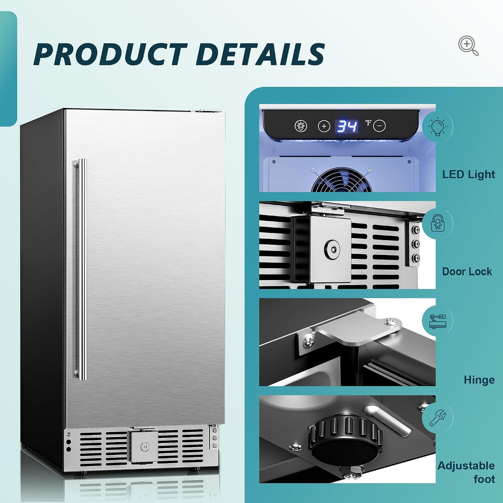 EUHOMY Beverage Refrigerator 15 Inch, Under Counter 127 Can Beverage Fridge with Stainless Steel Door, Beverage Cooler Built-in and Undercounter Drink Fridge - Soda Cola