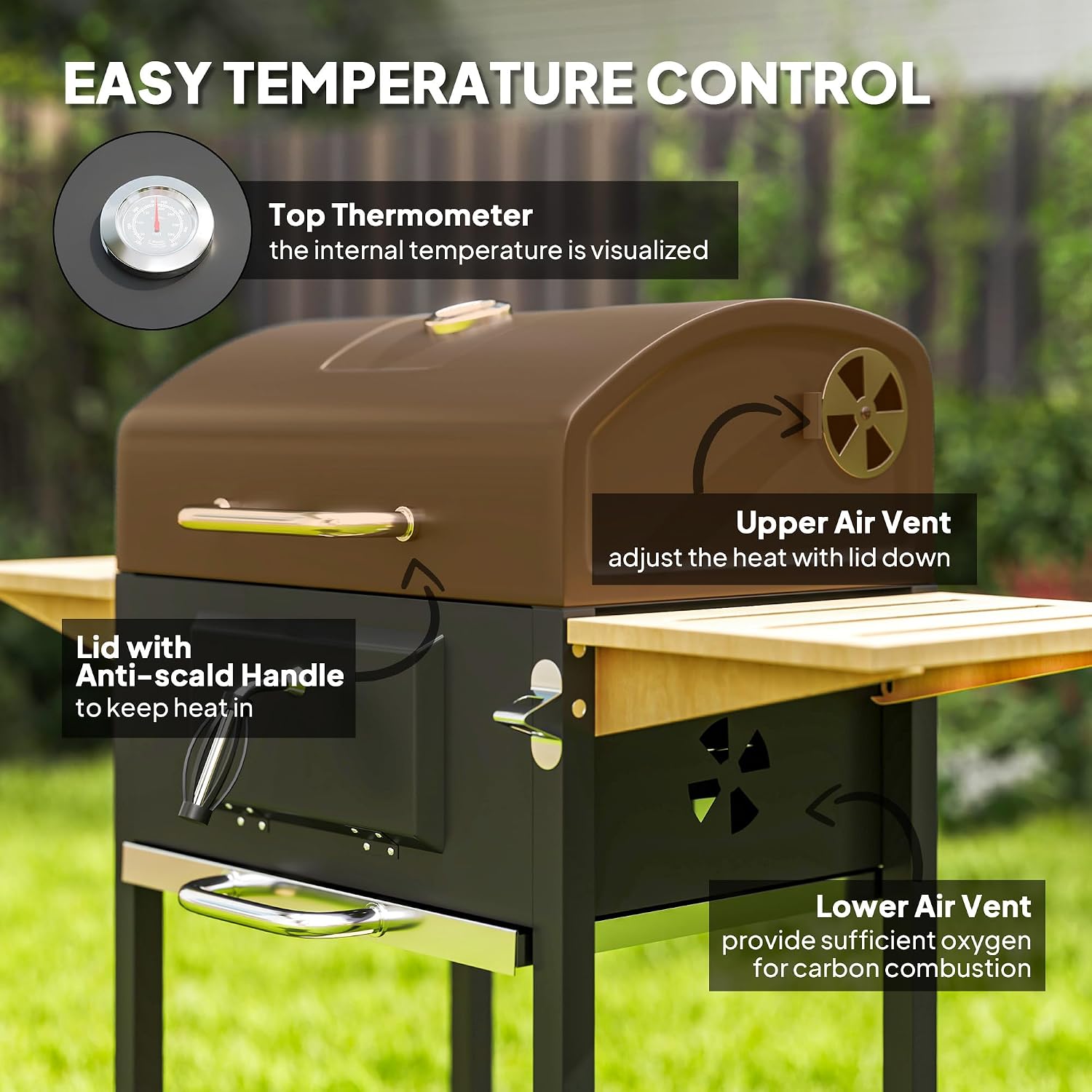 Portable Charcoal Grill with Adjustable Vents & Thermometer – 44' Heavy-Duty BBQ Grill with 3-Level Charcoal Pan, Wheels & Side Shelves – Backyard/Camping Grill (Black/Nature Wood)