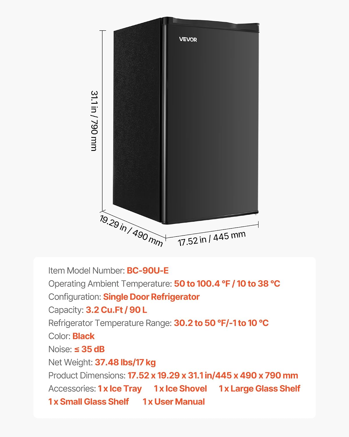 VEVOR 3.2 Cu.Ft Mini Fridge with Freezer, Single Door Compact Refrigerator with Micron Frozen Zone, 7-Mode Adjustable Temp, Energy Efficient Small Dorm Fridge, Reversible Door, Low Noise, Black
