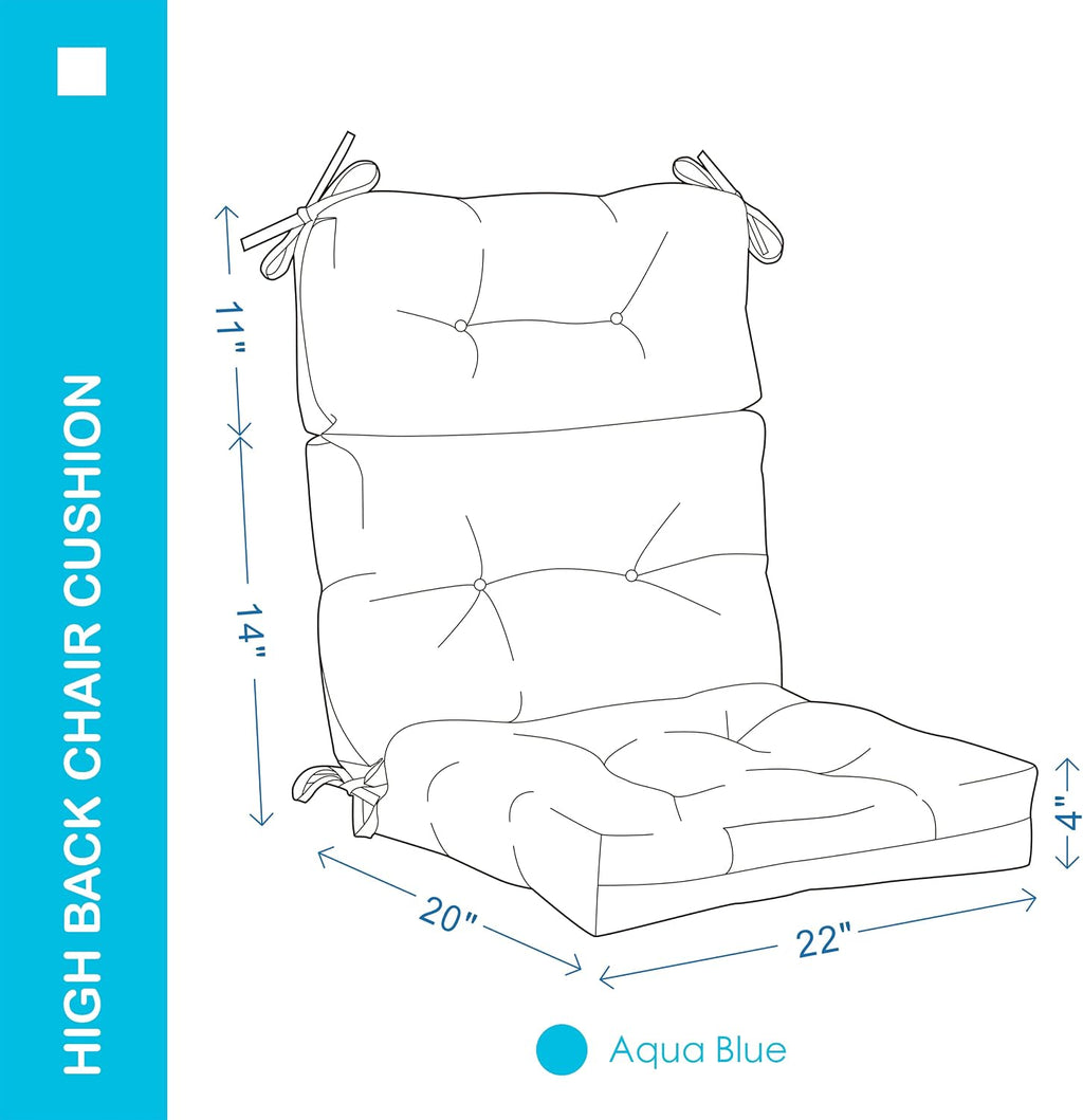 Outdoor Indoor High Back Chair Cushions Set of 4,Waterproof All-Weather Patio Adirondack Rocking Chair Cushions,Seat Back Chair Cushion for Outdoor Furniture with Ties,45x22 Inch, Aqua Blue