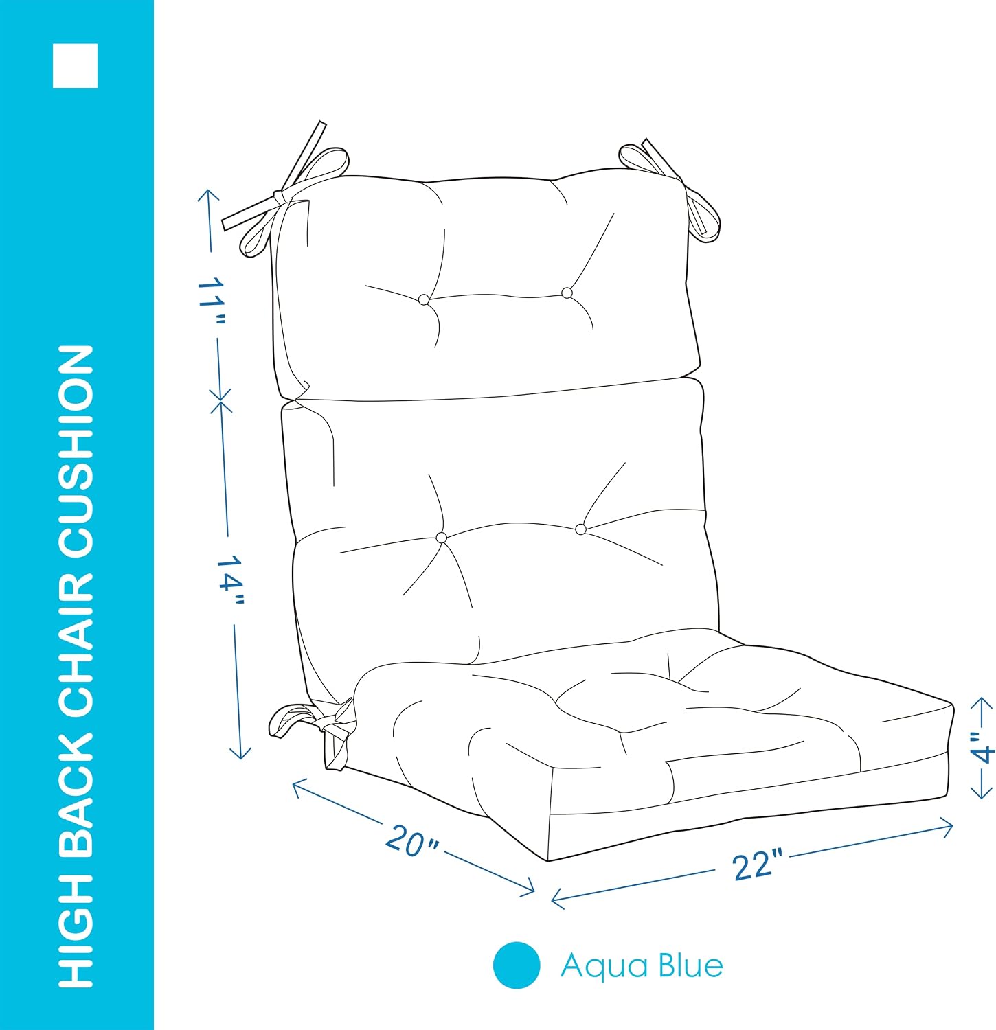 Outdoor Indoor High Back Chair Cushions Set of 4,Waterproof All-Weather Patio Adirondack Rocking Chair Cushions,Seat Back Chair Cushion for Outdoor Furniture with Ties,45x22 Inch, Aqua Blue