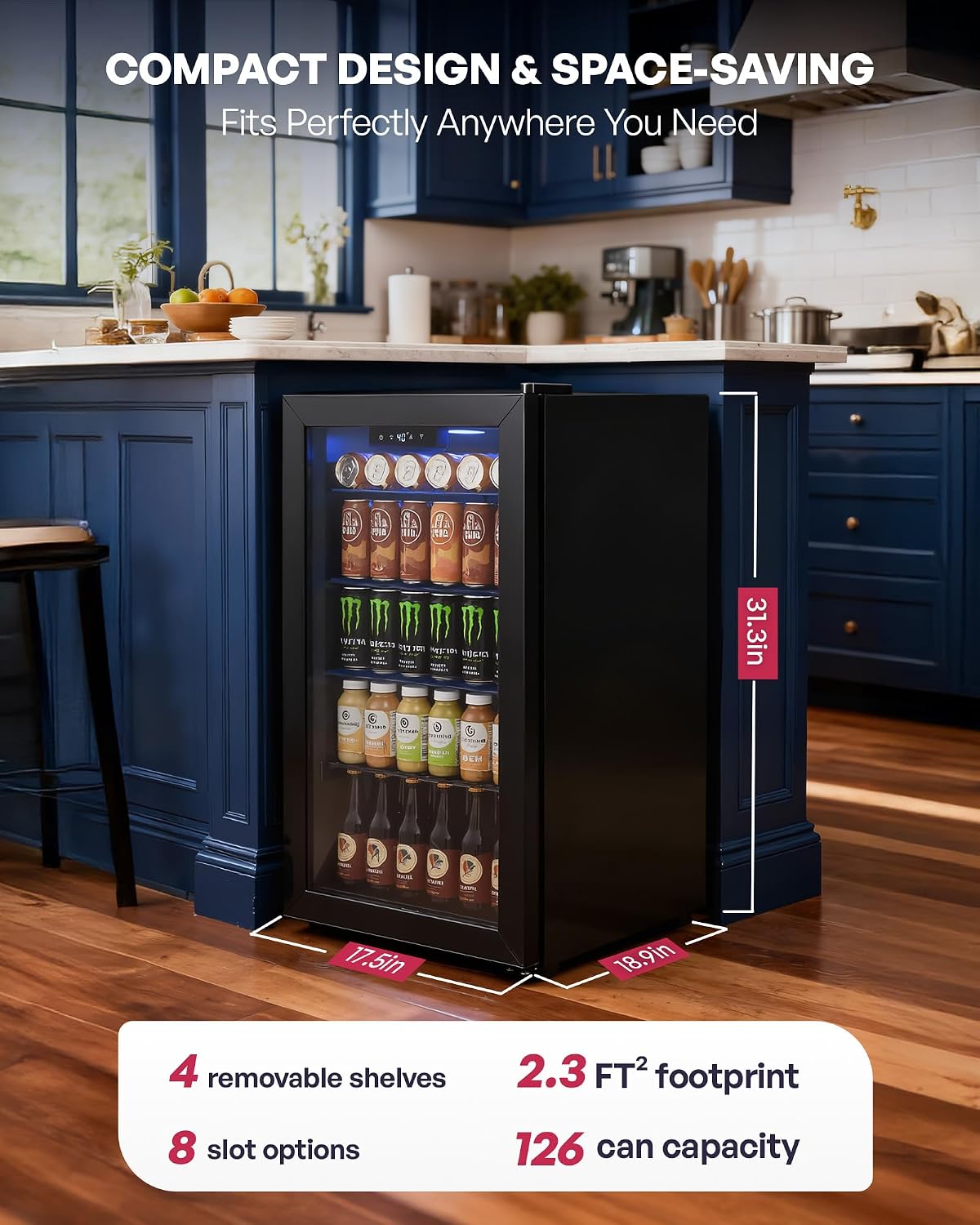 Icyglee Beverage Refrigerator Cooler, 126 Can Mini Fridge with Glass Door for Wine, Soda Beer, Beverage Cooler for Home, Bar, Office with Adjustable Removable Shelves, Black