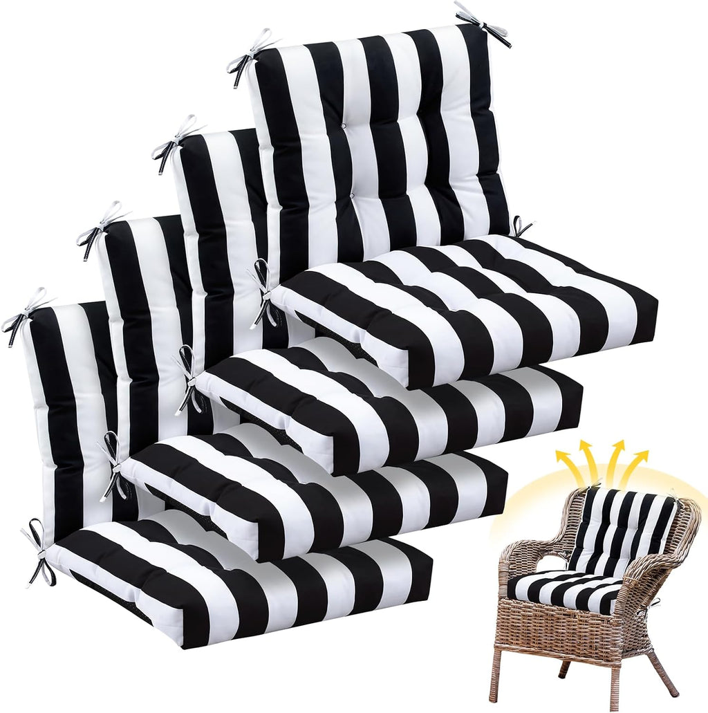Marsui 4 Pcs Outdoor Indoor High Back Chair Cushions Patio Furniture Tufted Pillow with Ties Water-Resistant Replacement Outdoor Rocking Chair Cushions, 42 x 21 Inches (Black White,Stripe)