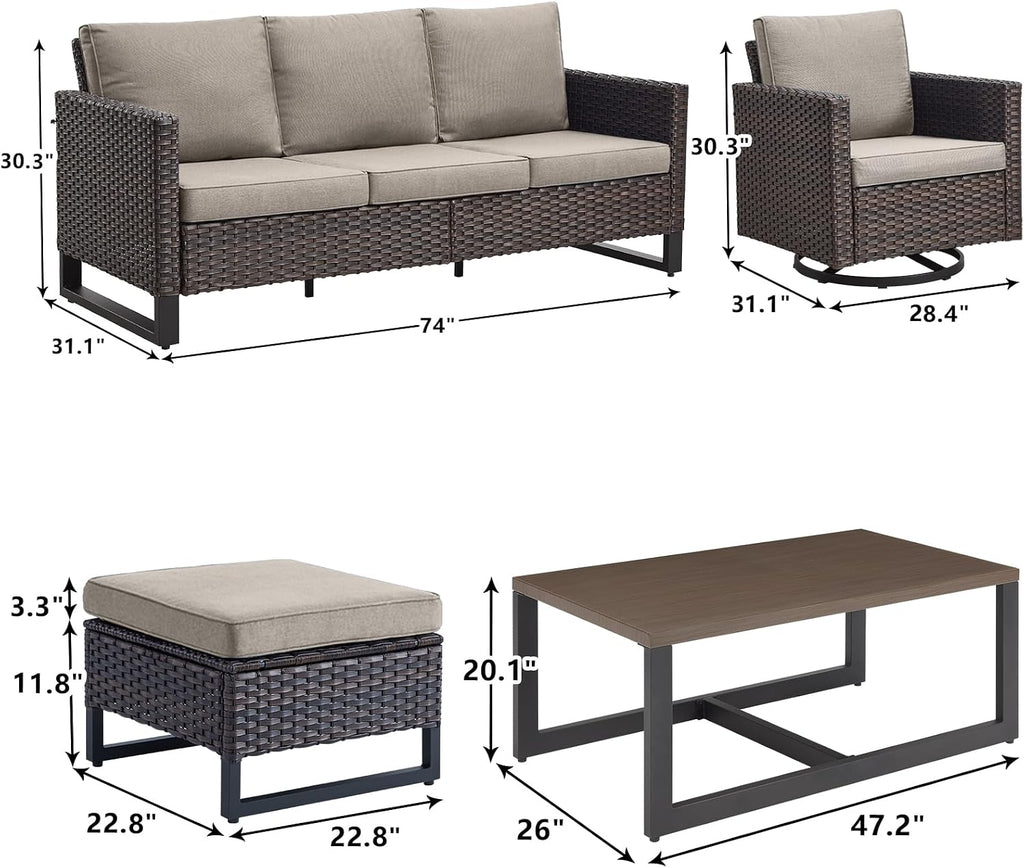 Luxury Wicker Outdoor Patio Furniture Set - 6 Piece Patio Conversation Set with 2 Swivel Rocker Chairs,2 Rattan Ottoman,1 Couch and 1 Metal Coffee Table for Outside Porch Deck Backyard(Brown/Grey)