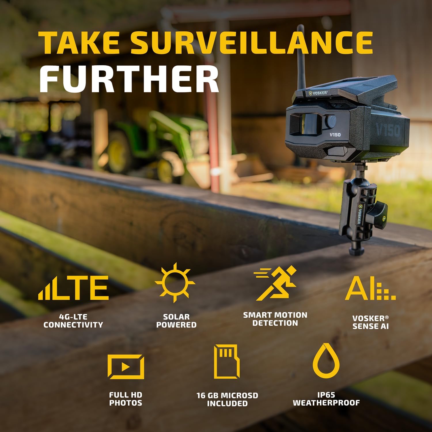 Vosker V150 Farm Pack 4G LTE Solar Security Camera, Wireless Outdoor Surveillance for Farms, Sheds and Equipment Monitoring, No Wi-Fi Required, Night Vision, SIM Card & Mobile App Included