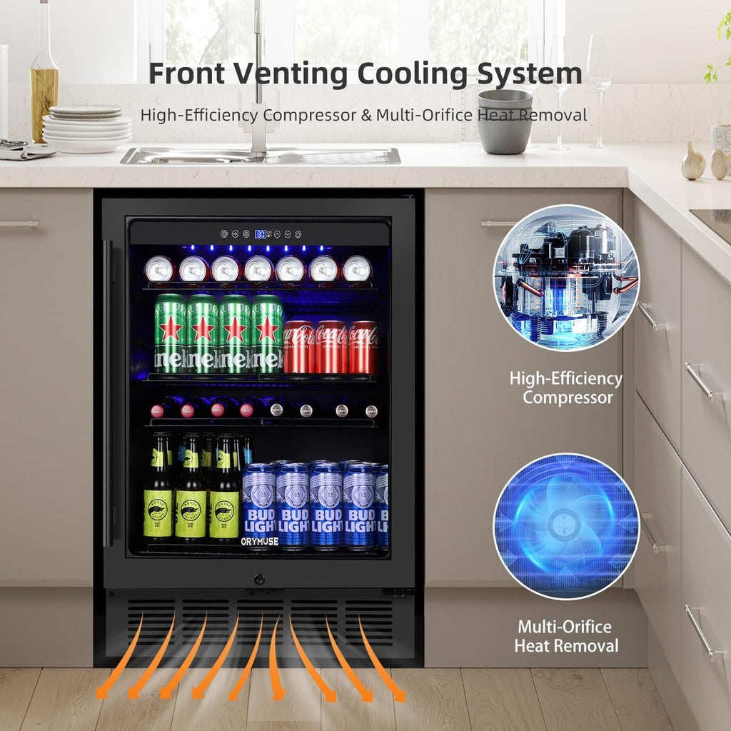 ORYMUSE Beverage Refrigerator 24 Inch, 180 Can Drink Fridge with Glass Door, Under Counter or Freestanding Beverage Cooler for Soda, Beer, Wine – Quiet Cooling for Kitchen, Bar, Office, Black
