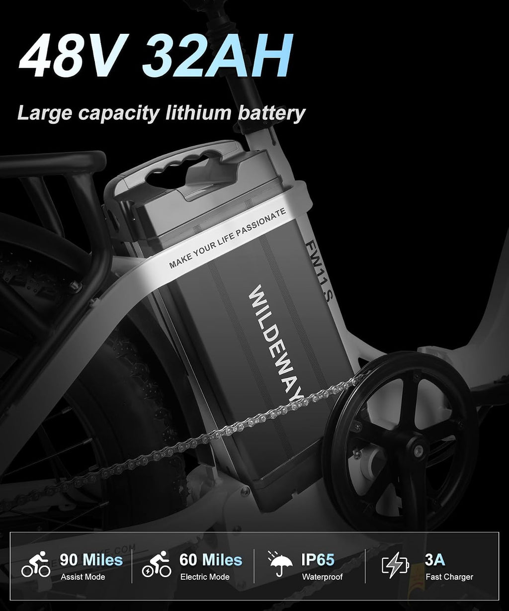 Wildeway Folding Electric Bike for Adults with 32Ah Battery Long Range 750W Motor 28MPH,20'x 3.0'Fat Tire Foldable EBike, Urban City Commuter Men Women Bicycle 7 Speed Gear