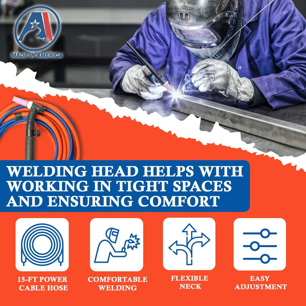 200Amp Air-cooled WP-26FV Tig Welding Torch Flex Head - Complete Package with 15-ft Power Cable Hose, Gas Lens, Ceramic Cup, Power Cable Connector and Torch Accessories