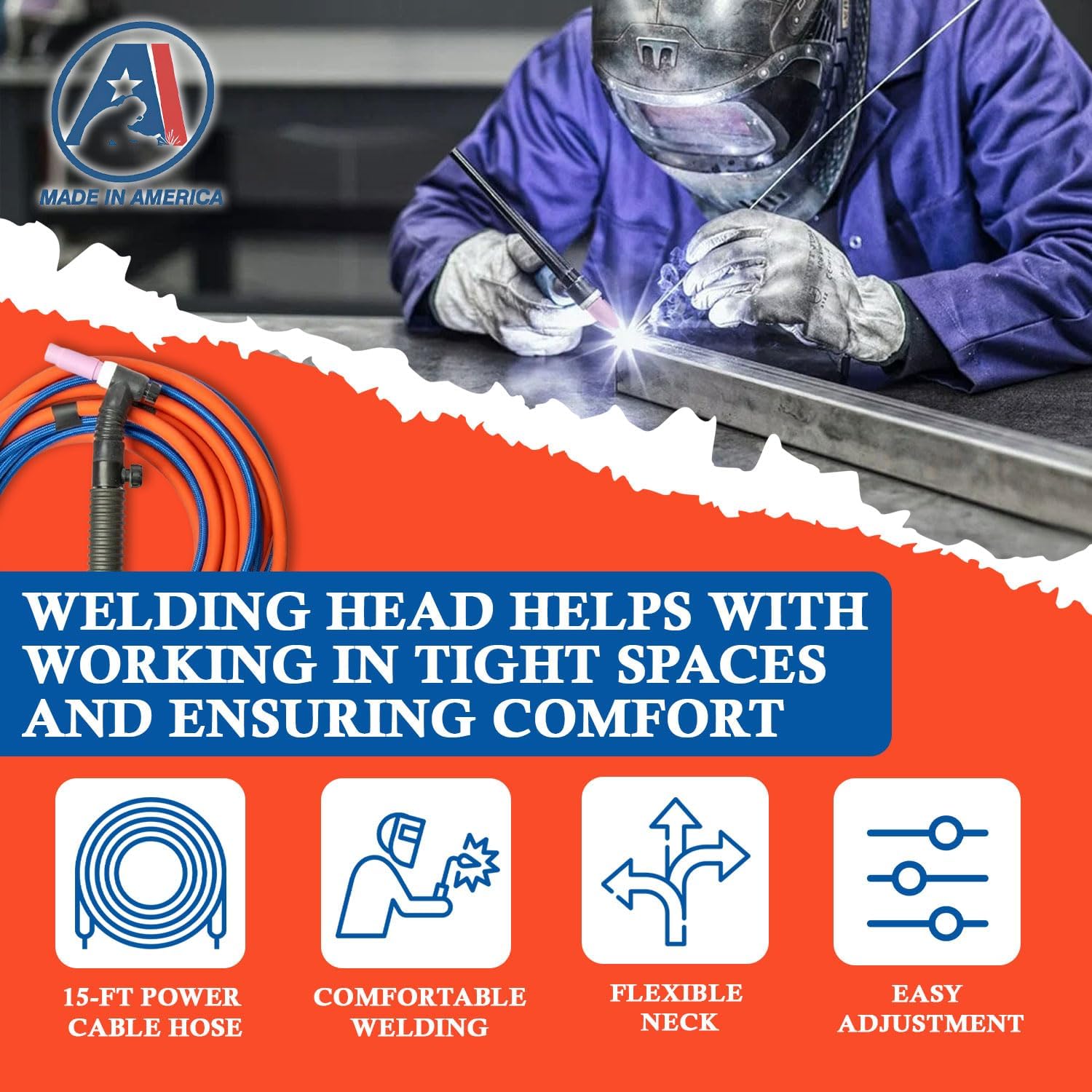 200Amp Air-cooled WP-26FV Tig Welding Torch Flex Head - Complete Package with 15-ft Power Cable Hose, Gas Lens, Ceramic Cup, Power Cable Connector and Torch Accessories