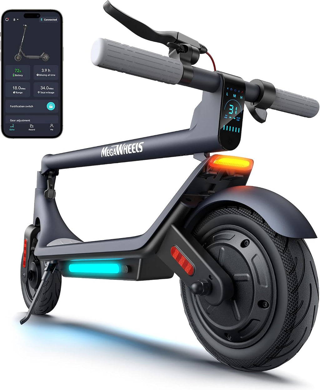 MEGAWHEELS Electric Scooter,Electric Scooter Adults Teens,10in Pneumatic Tires,350/500/600W Motor,19/31 Miles Range,15.5mph E Scooter with Smart APP Control for Commuting, Outdoor, Short Travel Gift