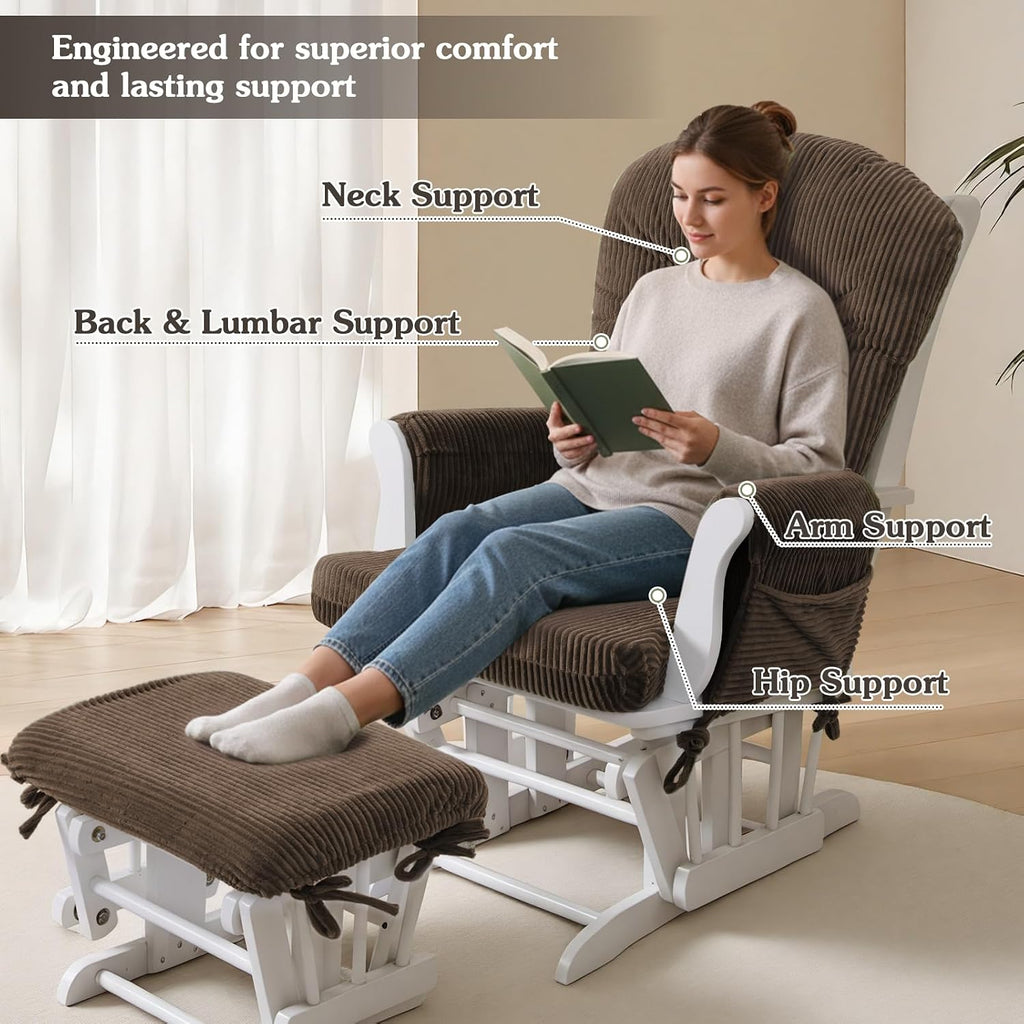 ANMINY 5pcs Glider Rocker Replacement Cushions Set - Thickened Fleece Glider Rocking Chair Cushions with 29.5 inch High Backrest & Side Pockets for Indoor Nursery, Washable & Non Slip, Brown
