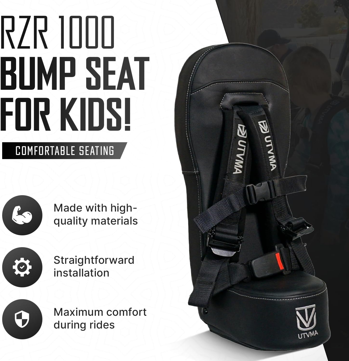 UTVMA RZR 1000 and 900 (2014-2023) Bump Seat with 4-Point Harness | Kids Seat | Jump Seat | All Models (XP, Turbo, Turbo S, High Lifter, Sport, Premium, Ultimate) (Seat with Orange Harness)