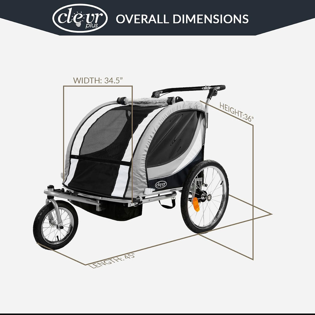 ClevrPlus Deluxe 3-in-1 Double 2 Seat Bicycle Bike Trailer Jogger Stroller for Kids Children | Foldable Collapsible w/Pivot Front Wheel
