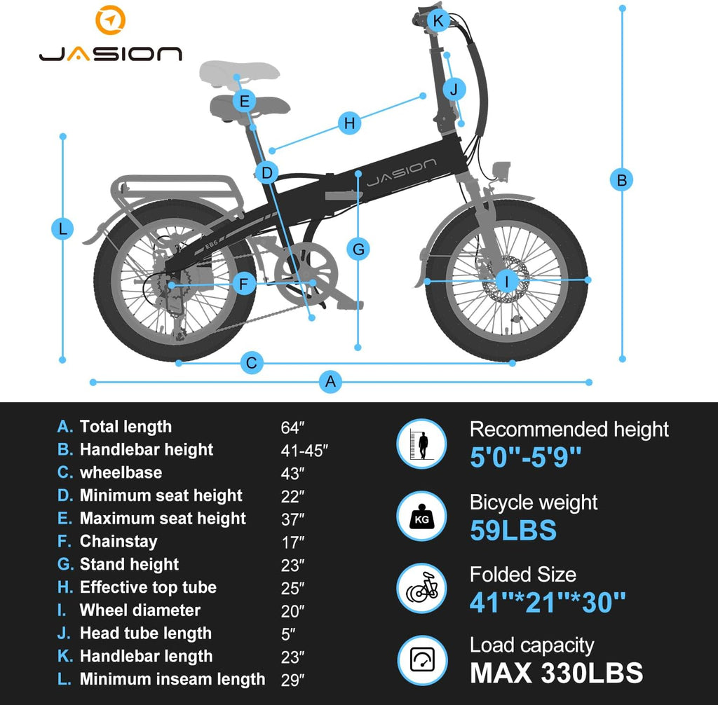 Jasion EBS Folding Electric Bike for Adults, Compact Portable 20' Fat Tire Ebike with 1200W Peak Motor, 48V Removable Battery, 25 MPH 50 Miles Aluminum Frame E-Bike Suitable for Trunk, RV, Apartment