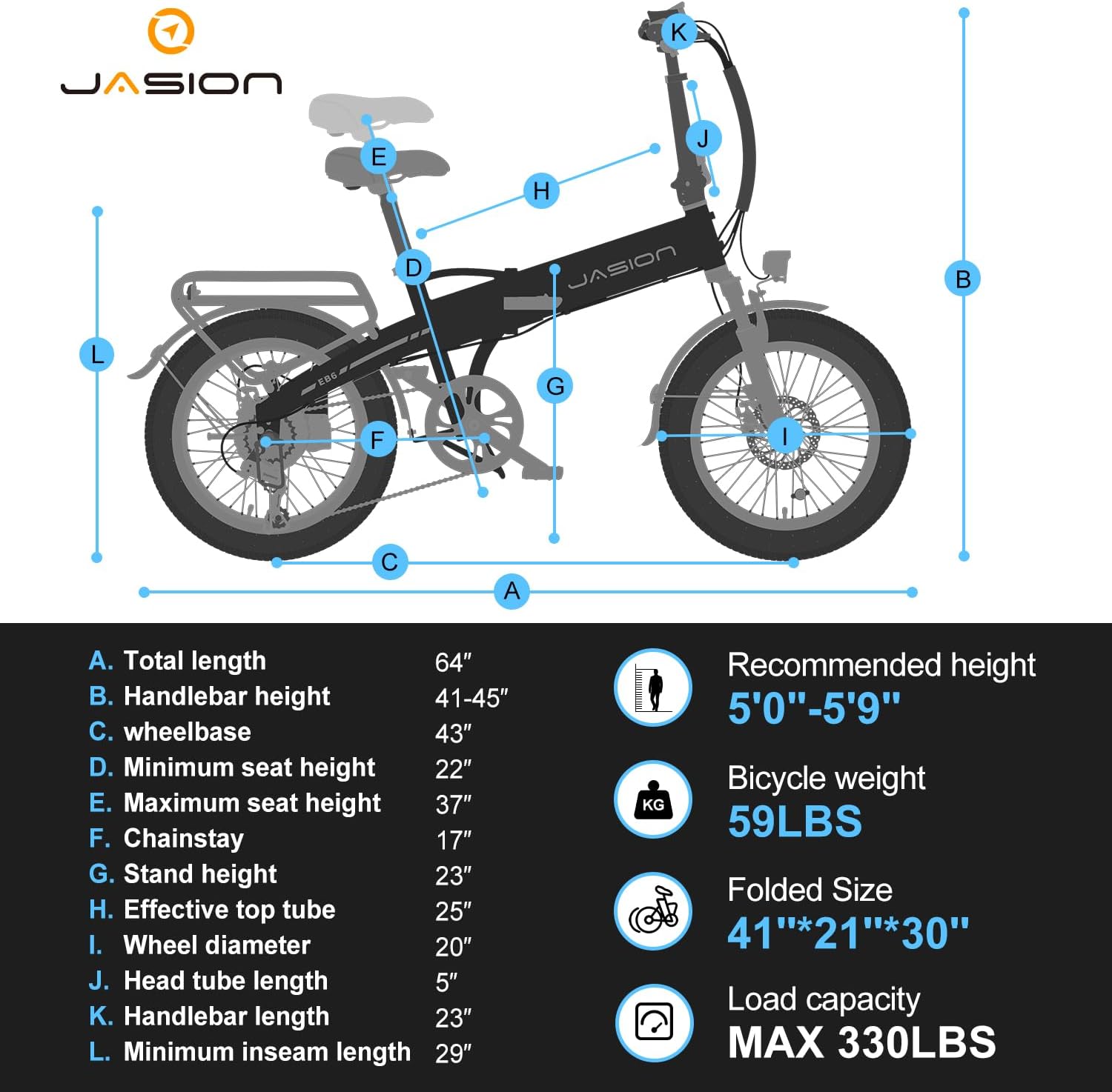 Jasion EBS Folding Electric Bike for Adults, Compact Portable 20' Fat Tire Ebike with 1200W Peak Motor, 48V Removable Battery, 25 MPH 50 Miles Aluminum Frame E-Bike Suitable for Trunk, RV, Apartment