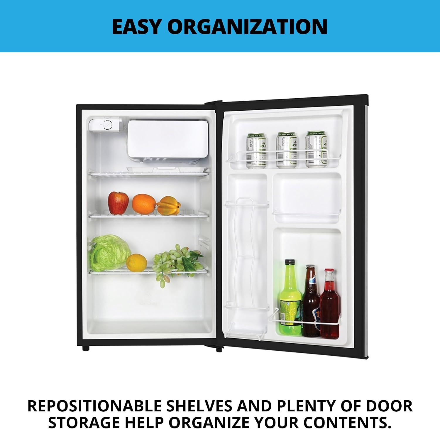 Koolatron Stainless Steel Compact Fridge with Freezer, 4.4 cu ft (124L), Silver and Black, Flat Back, Reversible Door, for Snacks, Frozen Meals, Beverages, Beer, Den, Dorm, Office, Rec Room, Home Bar