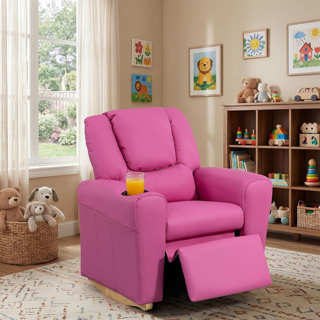 AVAWING Kids Recliner Chair with Cup Holder, Leather Toddler Recliner with Adjustable Backrest, Curved Rocking Legs and Comfy Armrests for Bedroom or Nursery, Pink