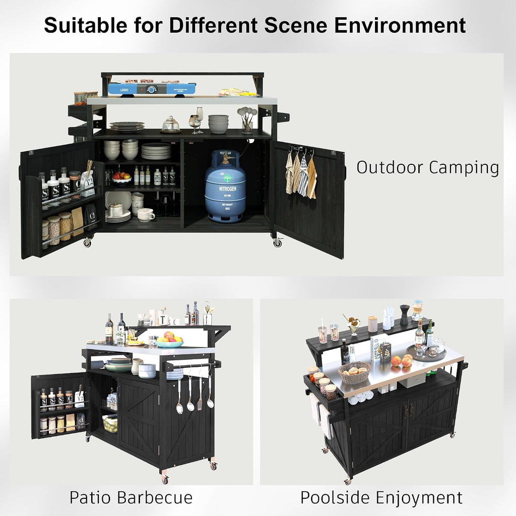 Unique 53.3' Outdoor Kitchen Island with Raised Shelf,Solid Wood Storage Cabinet with Stainless Steel Top,Rolling Grill Cart with Internal Storage Rack, Adjustable Shelf, Spice Rack (Black#e)