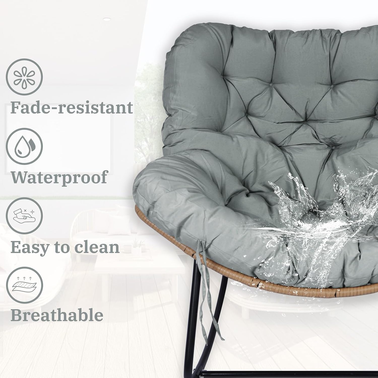 Outdoor Papasan Chair Cushion, 6.3in Rocking Chairs Cushion, Waterproof Patio Egg Chair Cushions for Indoor Outdoor Garden, Porch, Balcony (Light Gray)