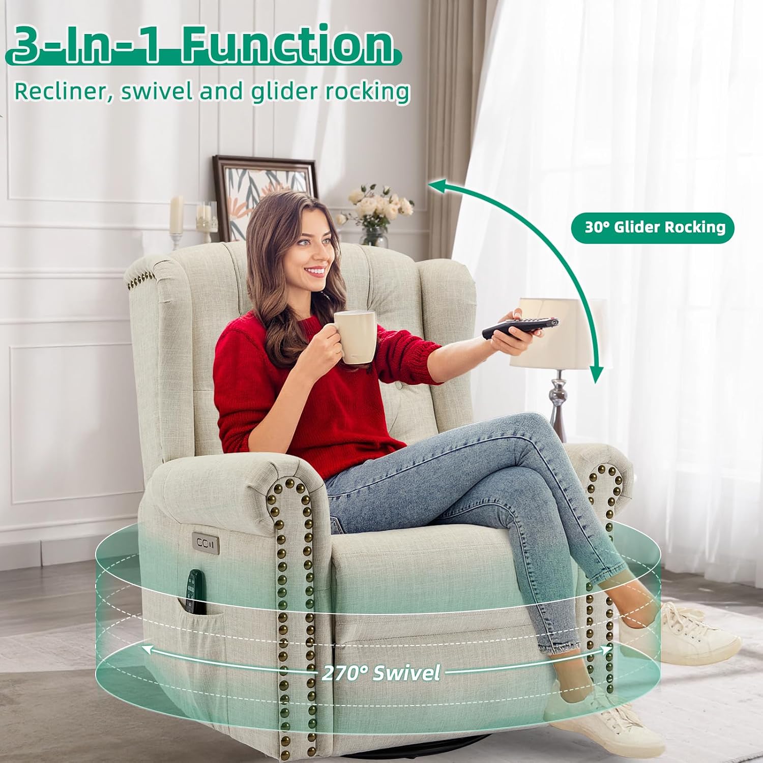 VIVIJASON Power Swivel Rocking Recliner Chair with Massage & Heat, Electric Rocker Nursery Glider Chair, Wingback Tufted Upholstered Recliner W/Type-C & USB Ports for Living Room, Bedroom, Beige
