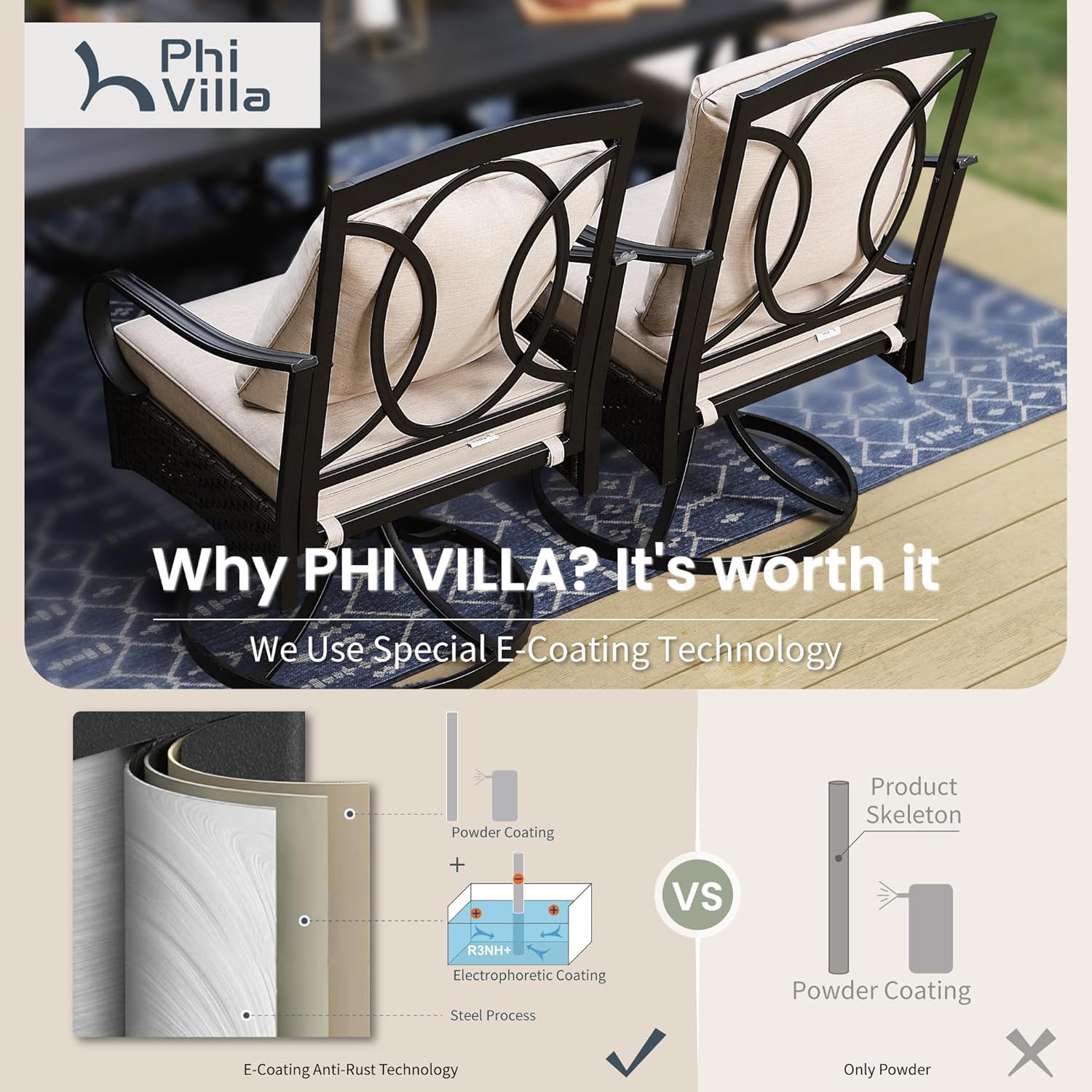 PHI VILLA Outdoor Swivel Chairs Set of 4, Heavy Duty Metal Wicker Dining Chairs with Cushions, Large All Weather Patio Seating Furniture for Porch, Deck, Backyard