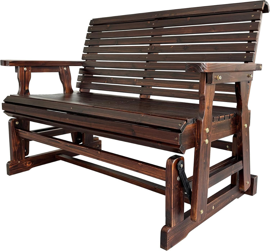 Wooden Patio Glider with High Roll Back and Deep Contoured Seat, Solid Fir Wood, 2-Seater, Heavy Duty 800 LBS, 4 Ft. (Chocolate Tone)