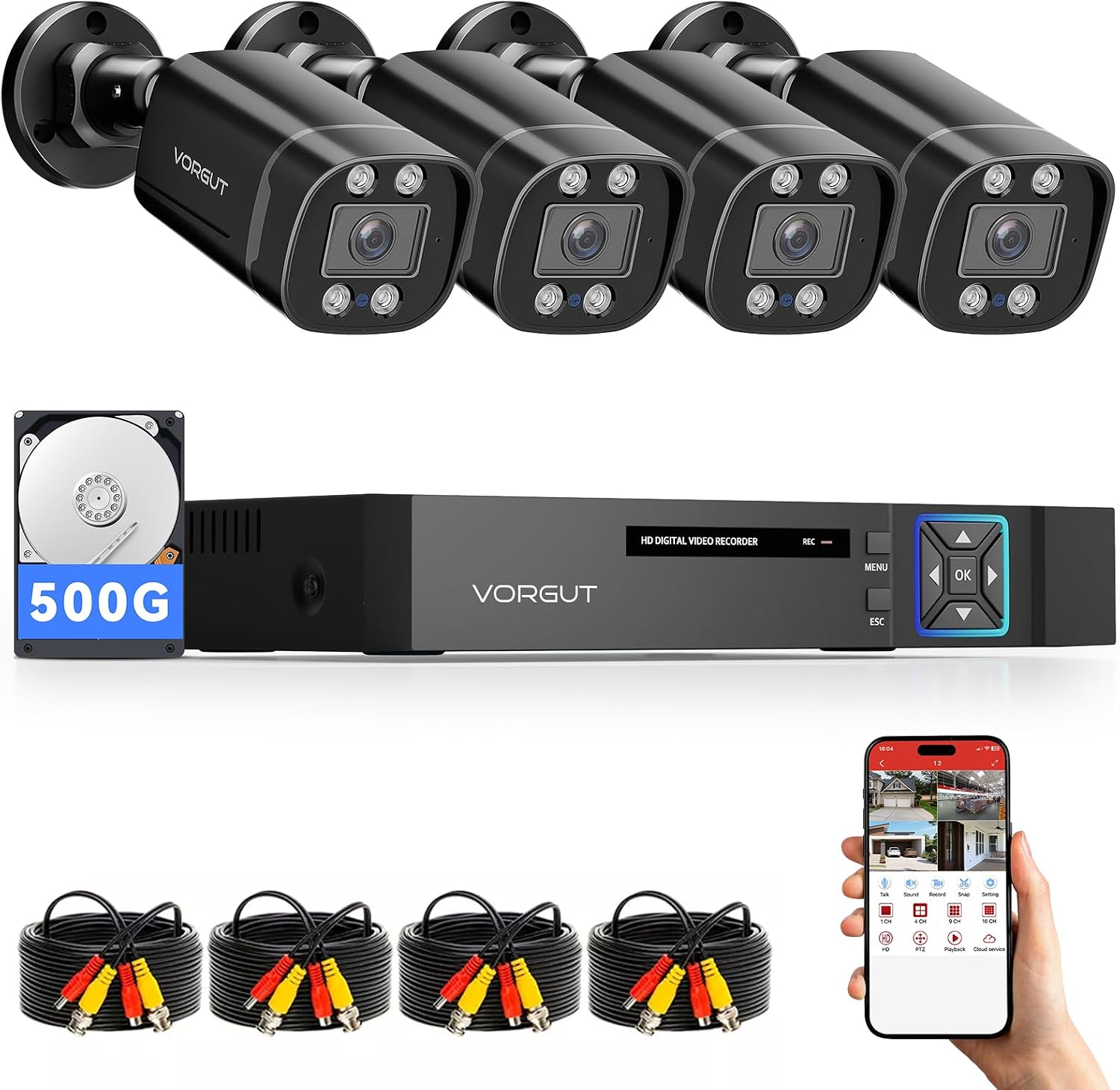 Wired Security Camera System Outdoor, 4pcs Surveillance CCTV Bullet Cameras for Home Security, 4CH AHD TVI 5MP Lite DVR Recorder with 500G HDD, Motion Detection, Night Vision, Waterproof