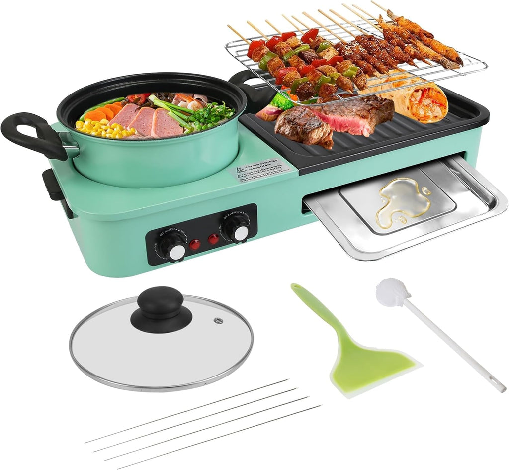 Casafoyer 3 in 1 Electric Hot Pot with Grill 1600W Smokeless Non-Stick Korean BBQ Grill Shabu Shabu Hot Pot Combo with Independent Temperature Control for 3-5 P