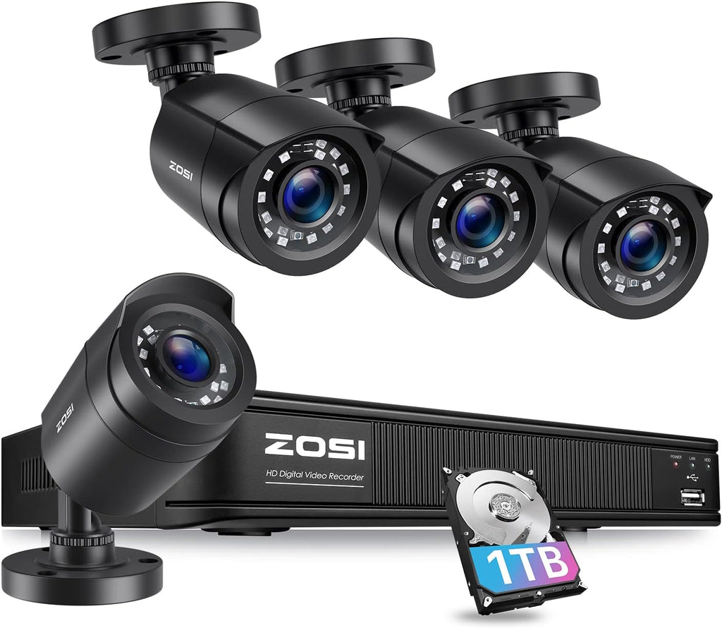 ZOSI 3K 5MP Lite Home Security Camera System with AI Human Vehicle Detection, H.265+ 8 Channel Surveillance DVR and 4 x 1080p Weatherproof CCTV Bullet Camera Outdoor Indoor, 80ft Night Vision, 1TB HDD